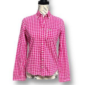 Hollister S Pink Plaid Button Up Shirt Fitted Cotton Long Sleeve Y2K Preppy Top